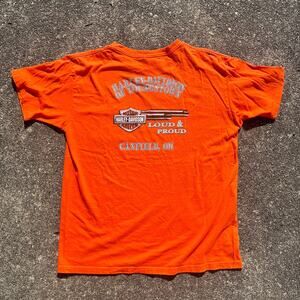 Men’s Orange Y2K Harley Davidson Pocket T-shirt Size XL